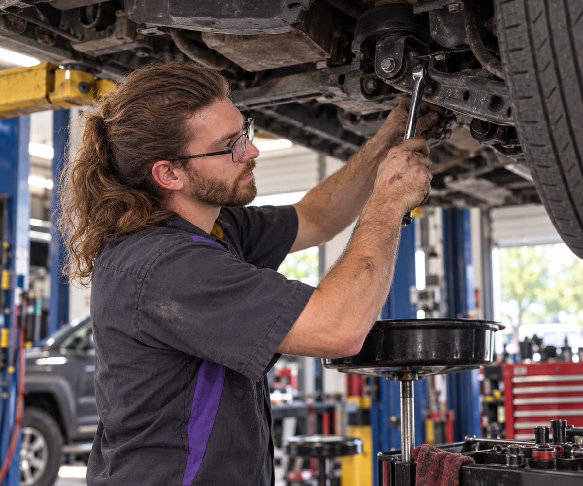 Auto repair technician servicing a vehicle for Smithville, TX area customers at Hartwell Performance Automotive